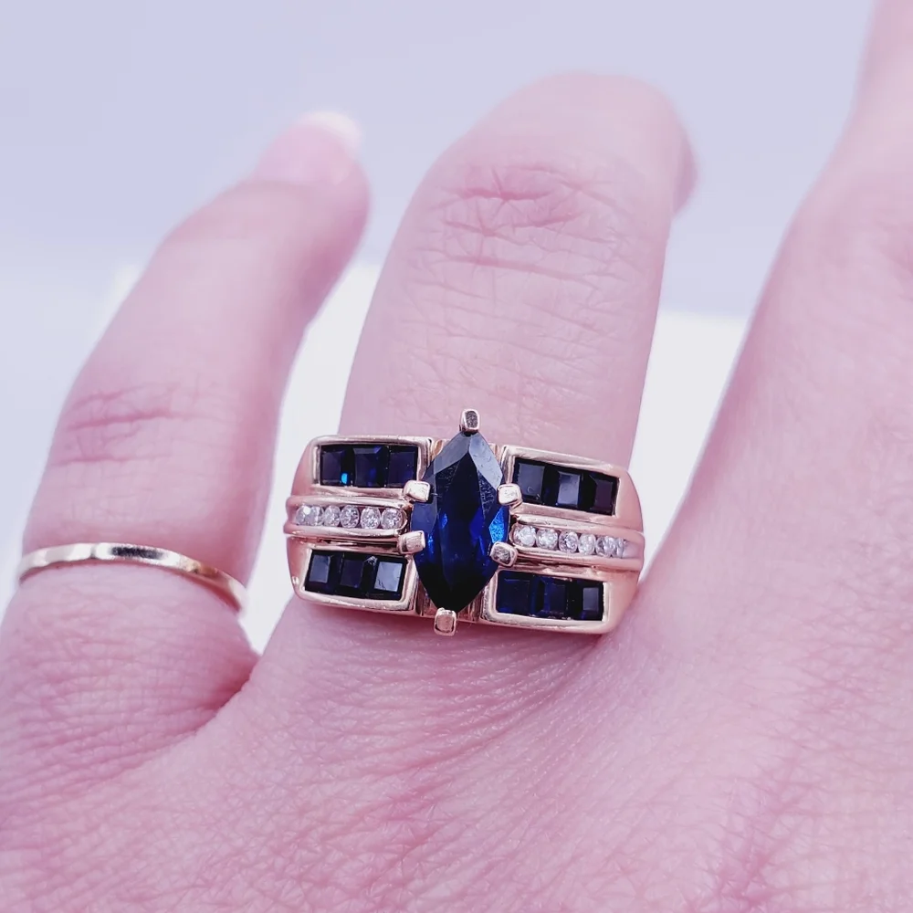 10k Solid Yellow Gold Genuine Marquise Blue Sapphire & Diamond Statement Ring